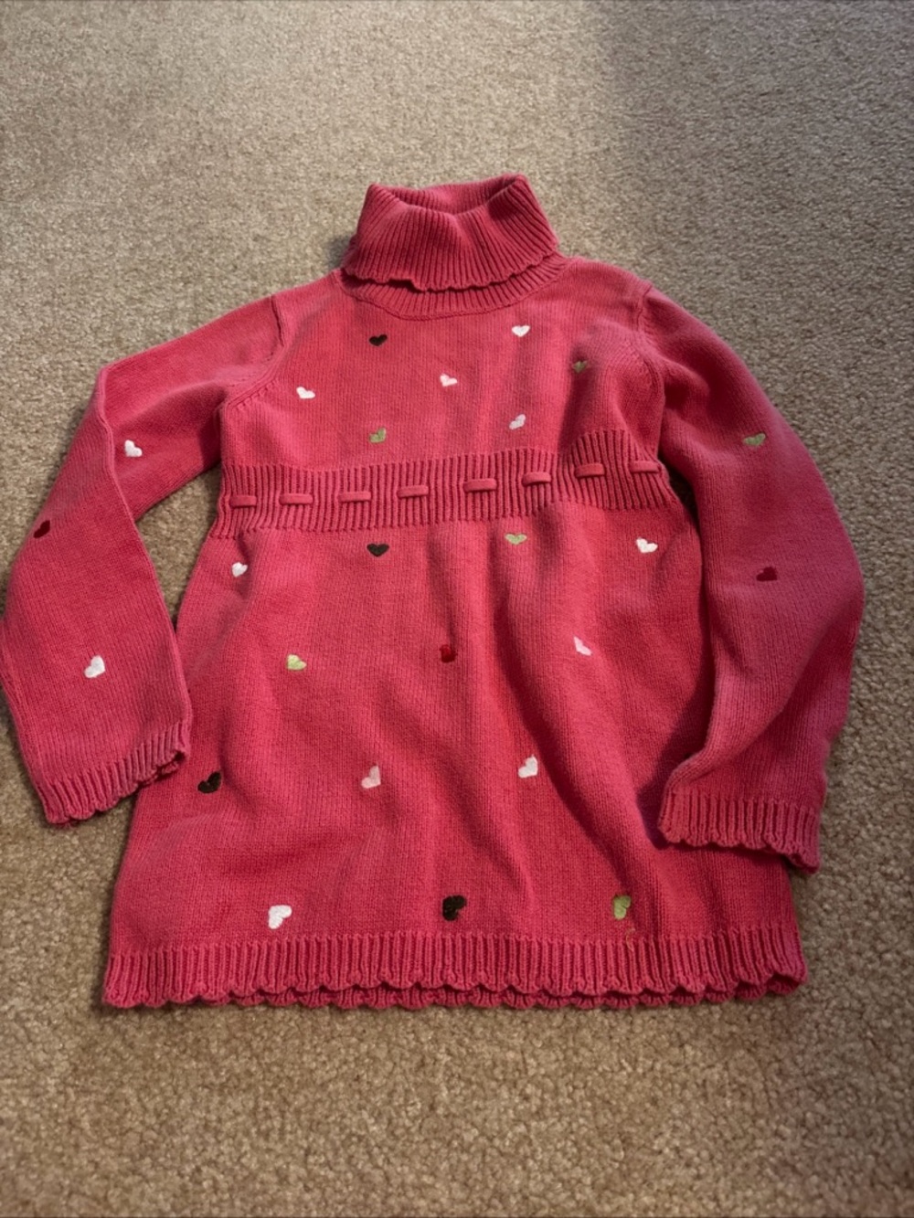 vintage Gymboree pink turtleneck sweater dress with embroidered hearts. Size 5
